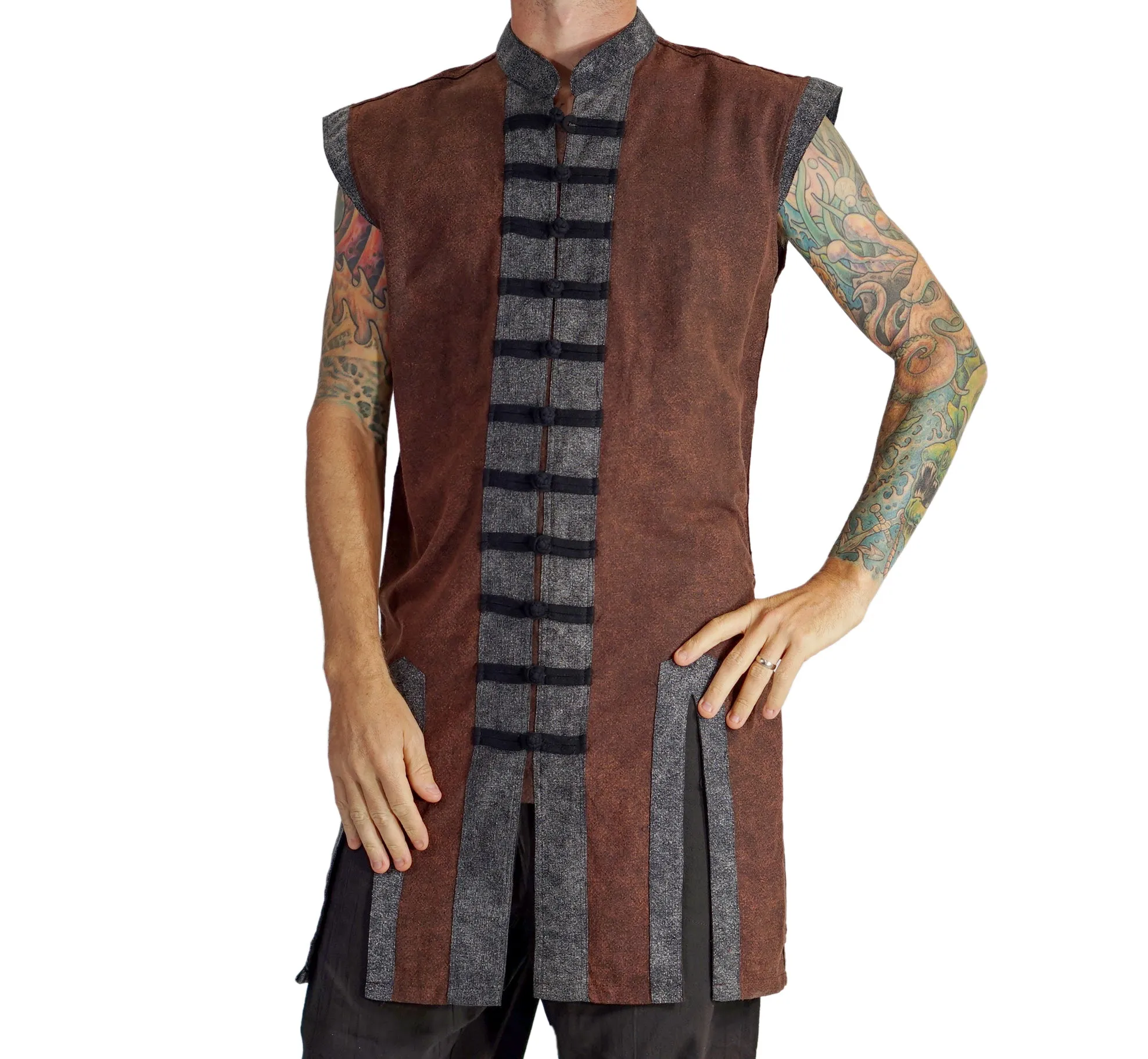 'Long Pirate Vest' - Stone Brown/Black Buttons