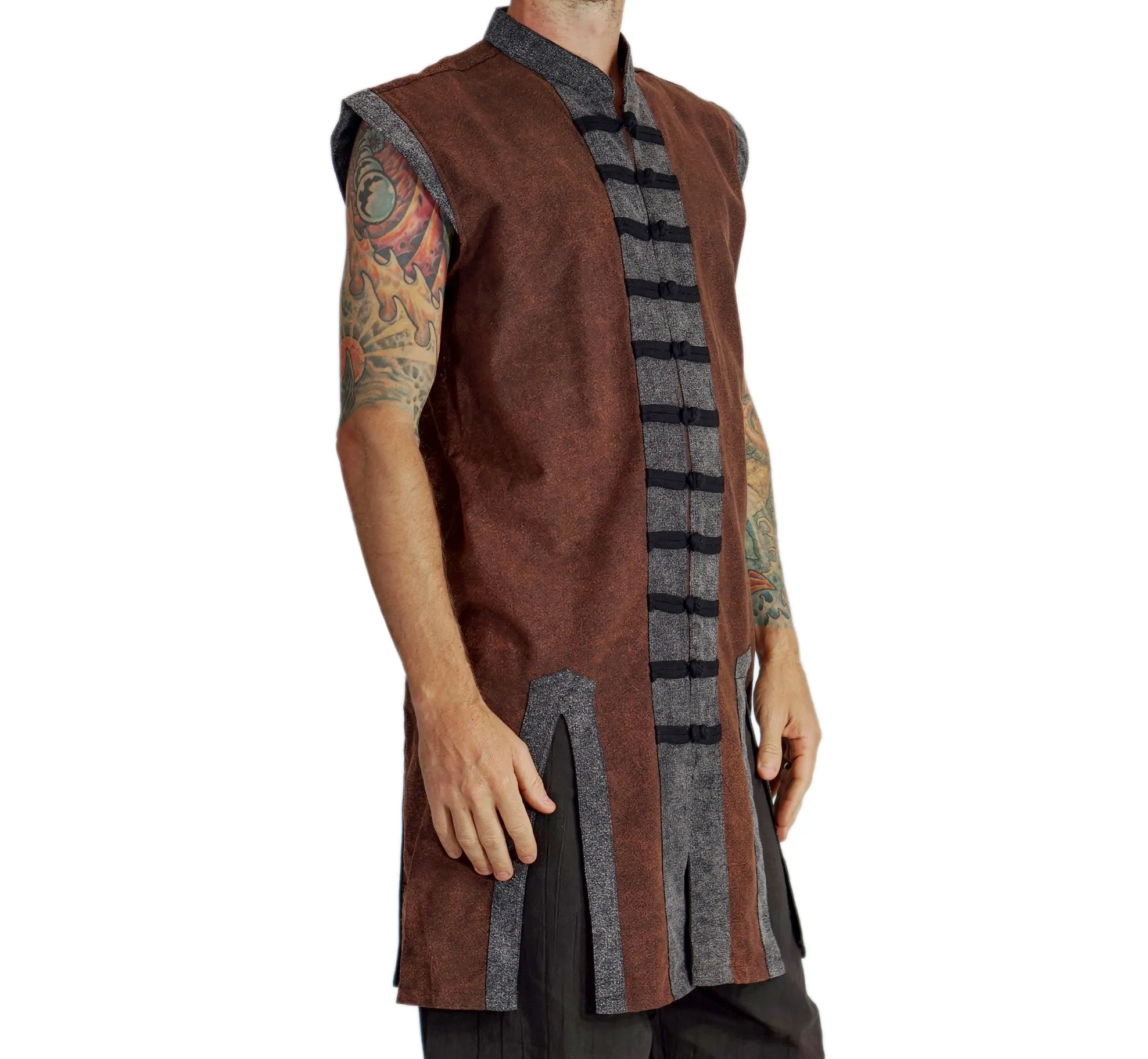 'Long Pirate Vest' - Stone Brown/Black Buttons