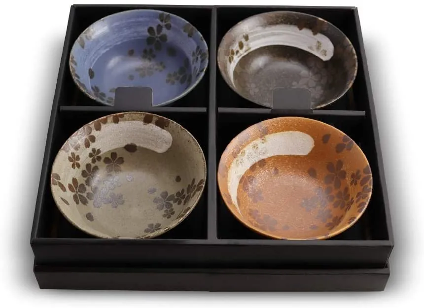Made in Japan 5" Japanese Zen Sakura Cherry Blossom Porcelain Earthtone Colored Glaze Bowl Set