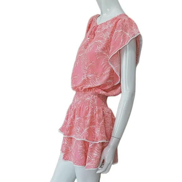 Melissa Odabash Keri Tiered Printed Voile Mini Dress In Coral- Beachy Boho-Large