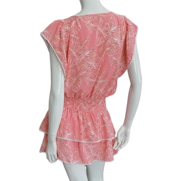 Melissa Odabash Keri Tiered Printed Voile Mini Dress In Coral- Beachy Boho-Large