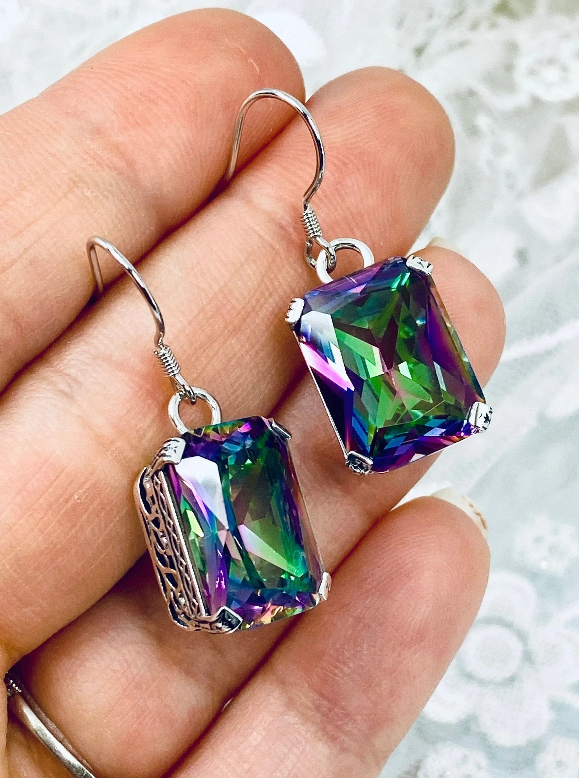 Mystic Topaz Earrings, Art Deco Silver Etched Filigree Jewelry, #E5
