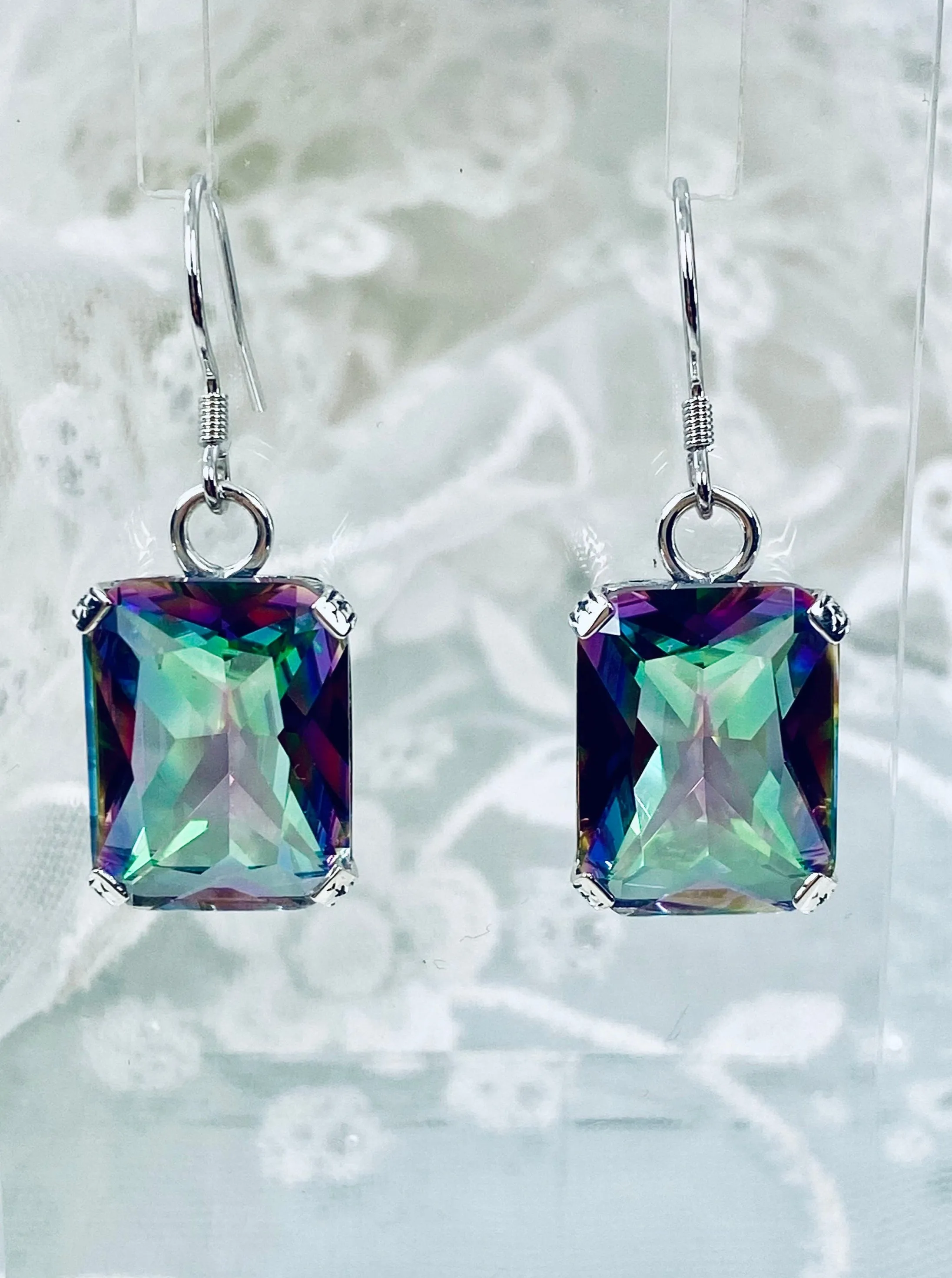 Mystic Topaz Earrings, Art Deco Silver Etched Filigree Jewelry, #E5