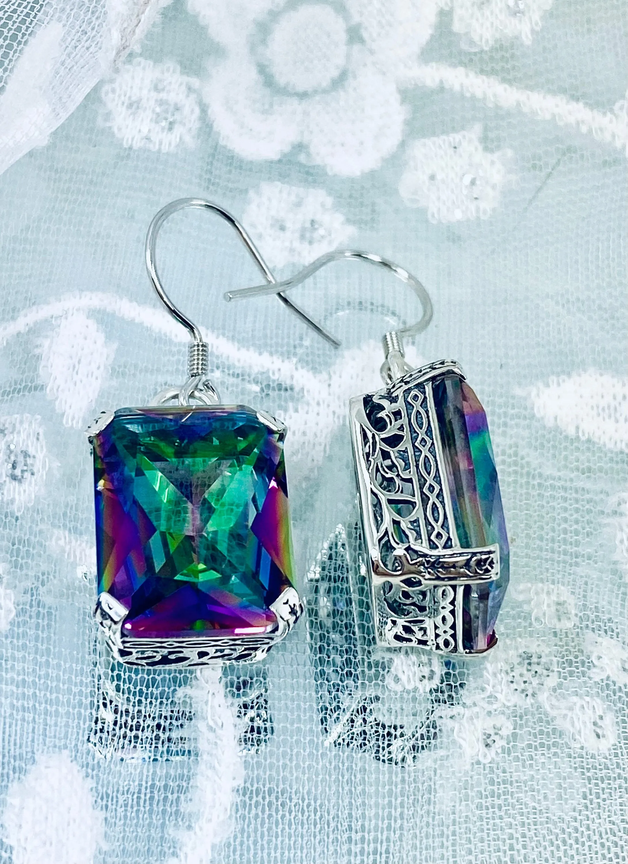 Mystic Topaz Earrings, Art Deco Silver Etched Filigree Jewelry, #E5