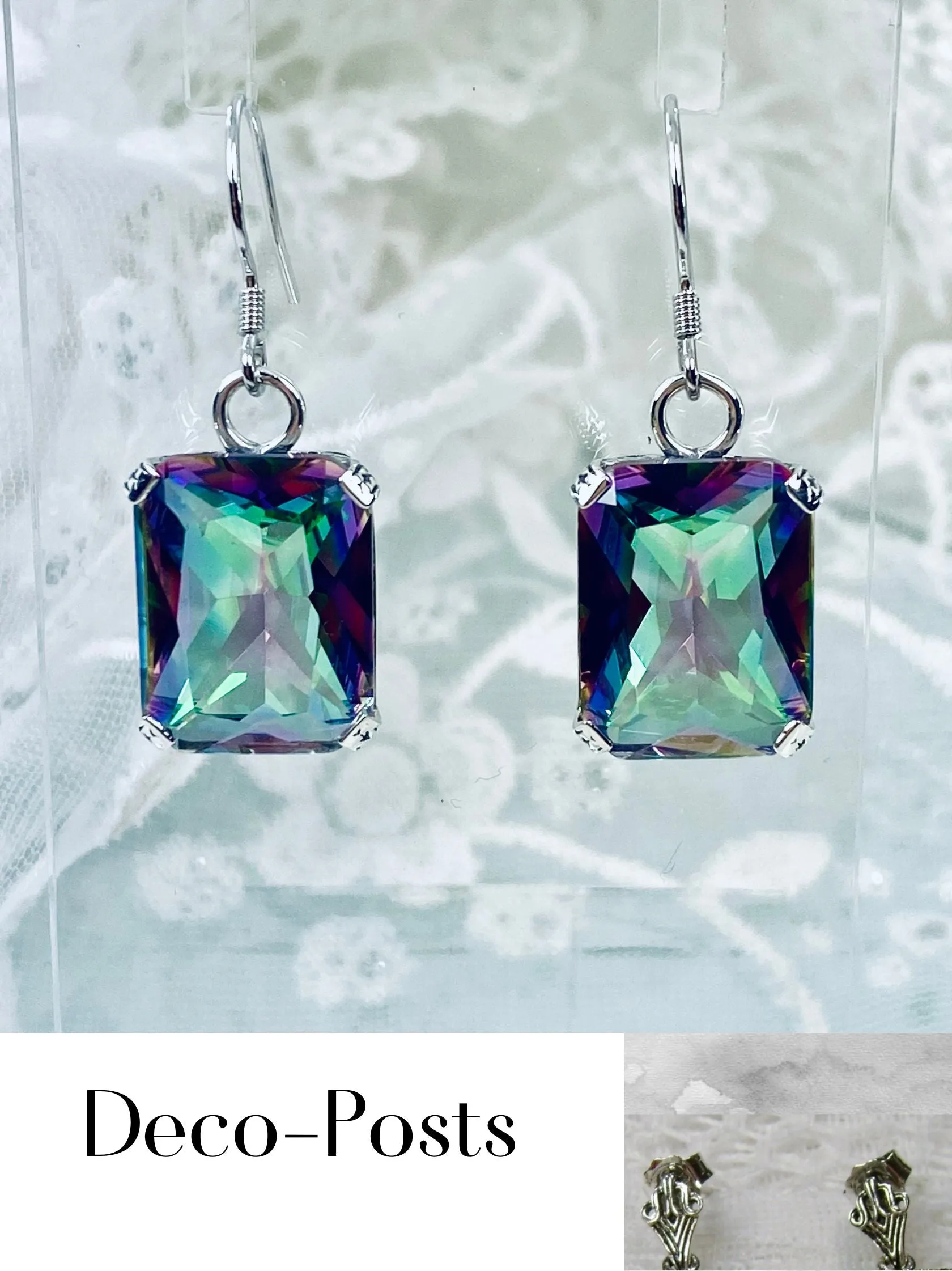Mystic Topaz Earrings, Art Deco Silver Etched Filigree Jewelry, #E5