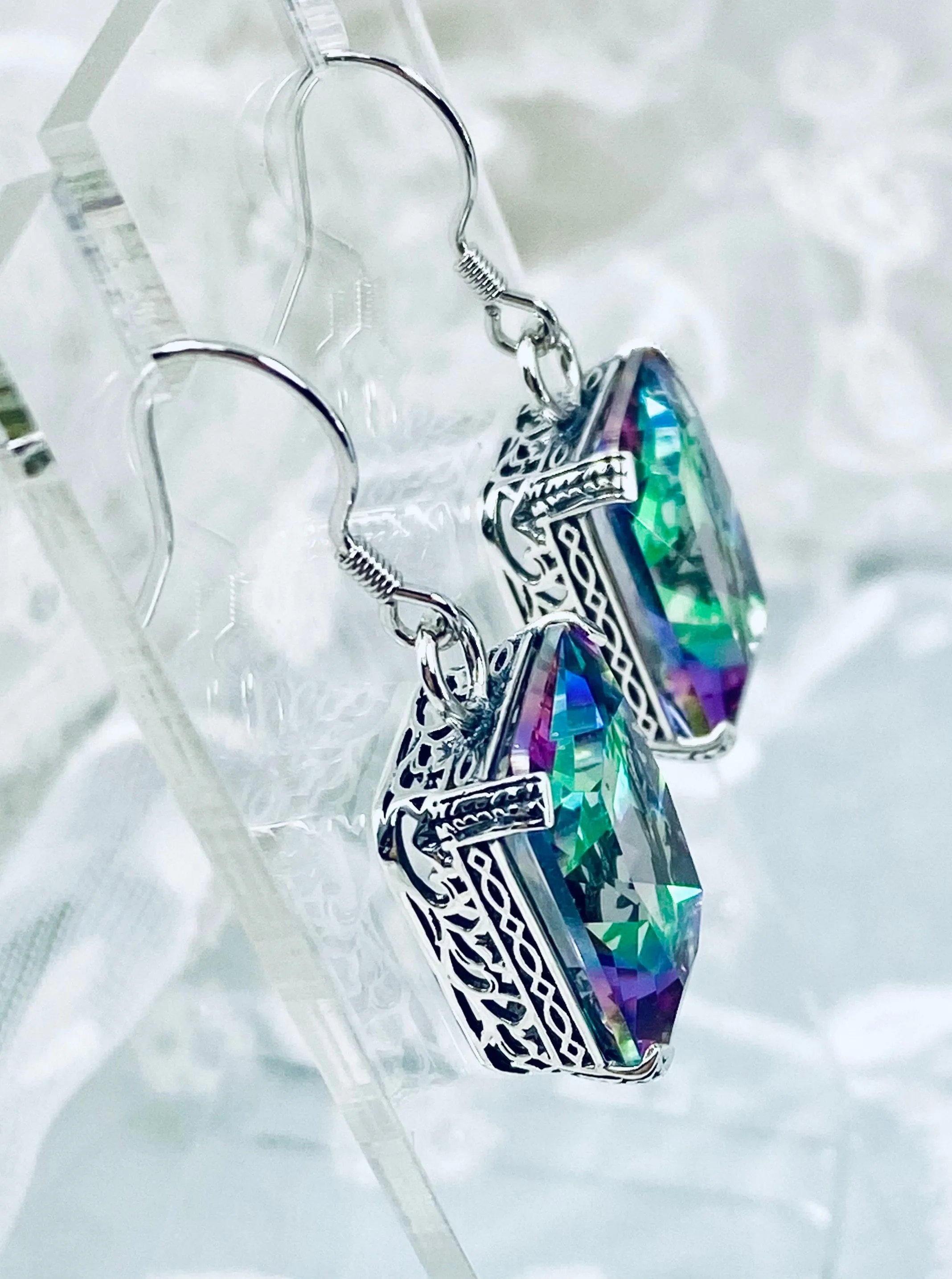 Mystic Topaz Earrings, Art Deco Silver Etched Filigree Jewelry, #E5