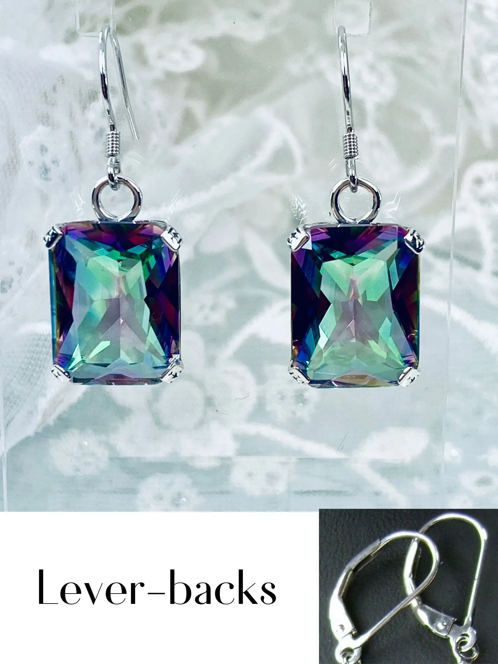 Mystic Topaz Earrings, Art Deco Silver Etched Filigree Jewelry, #E5