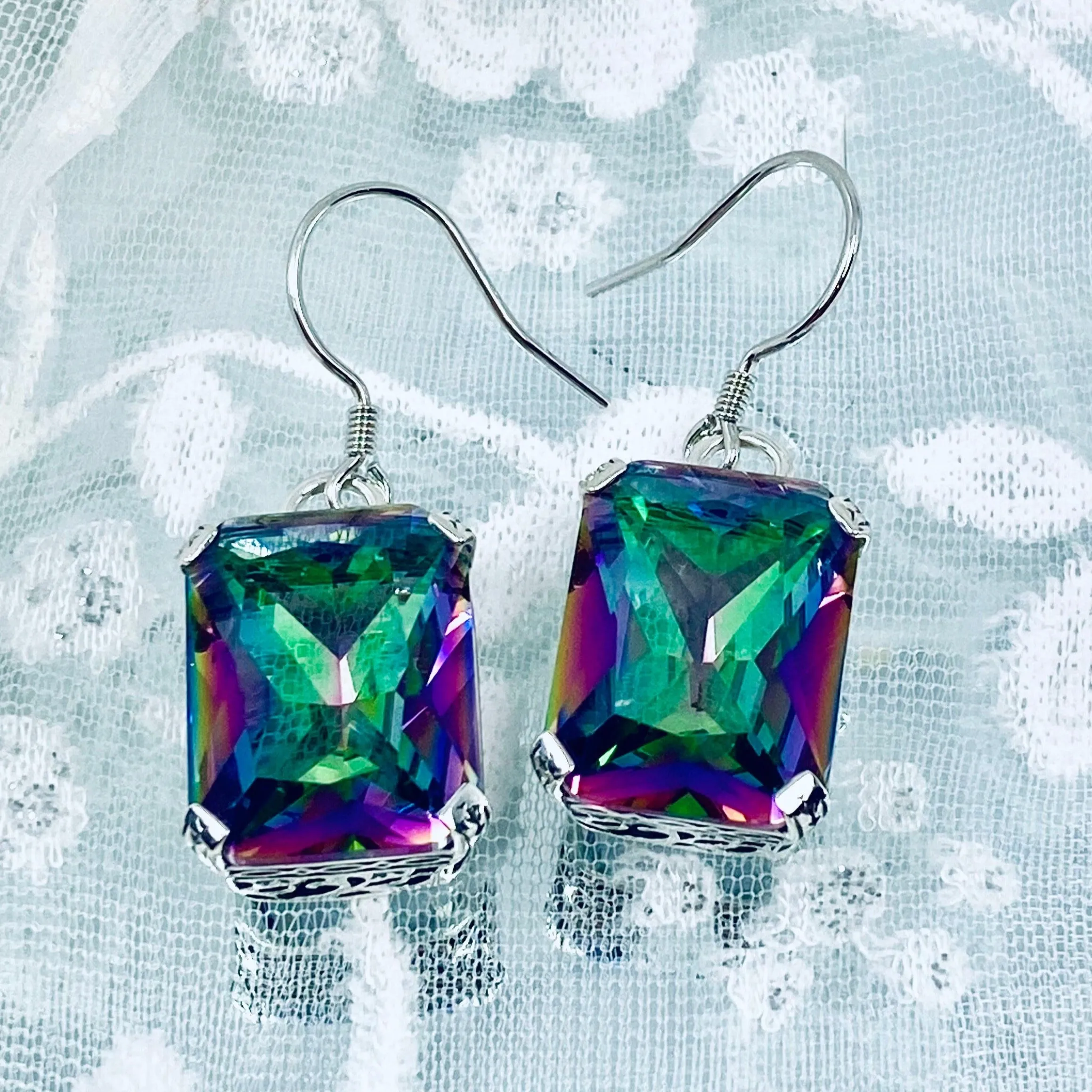 Mystic Topaz Earrings, Art Deco Silver Etched Filigree Jewelry, #E5
