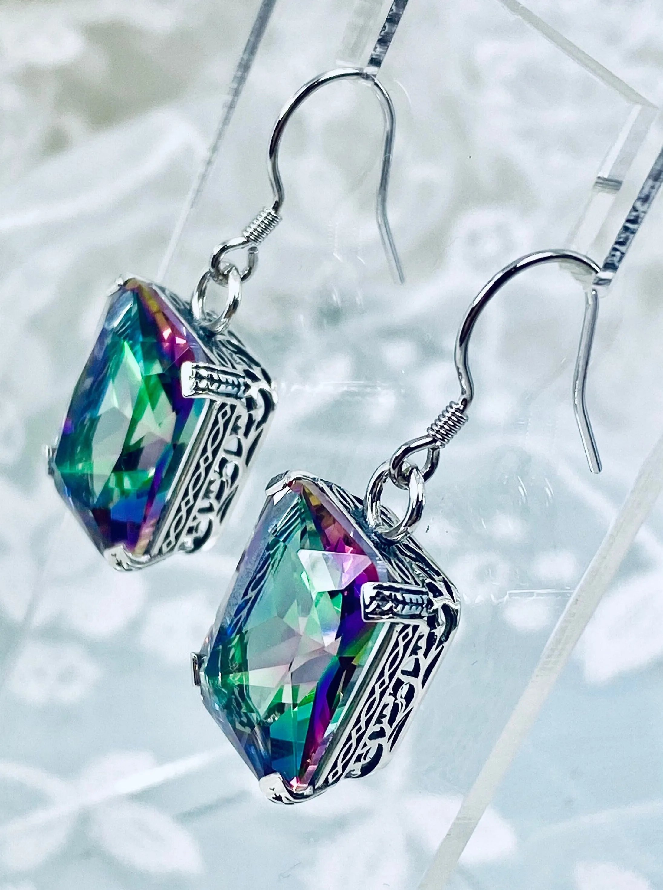 Mystic Topaz Earrings, Art Deco Silver Etched Filigree Jewelry, #E5