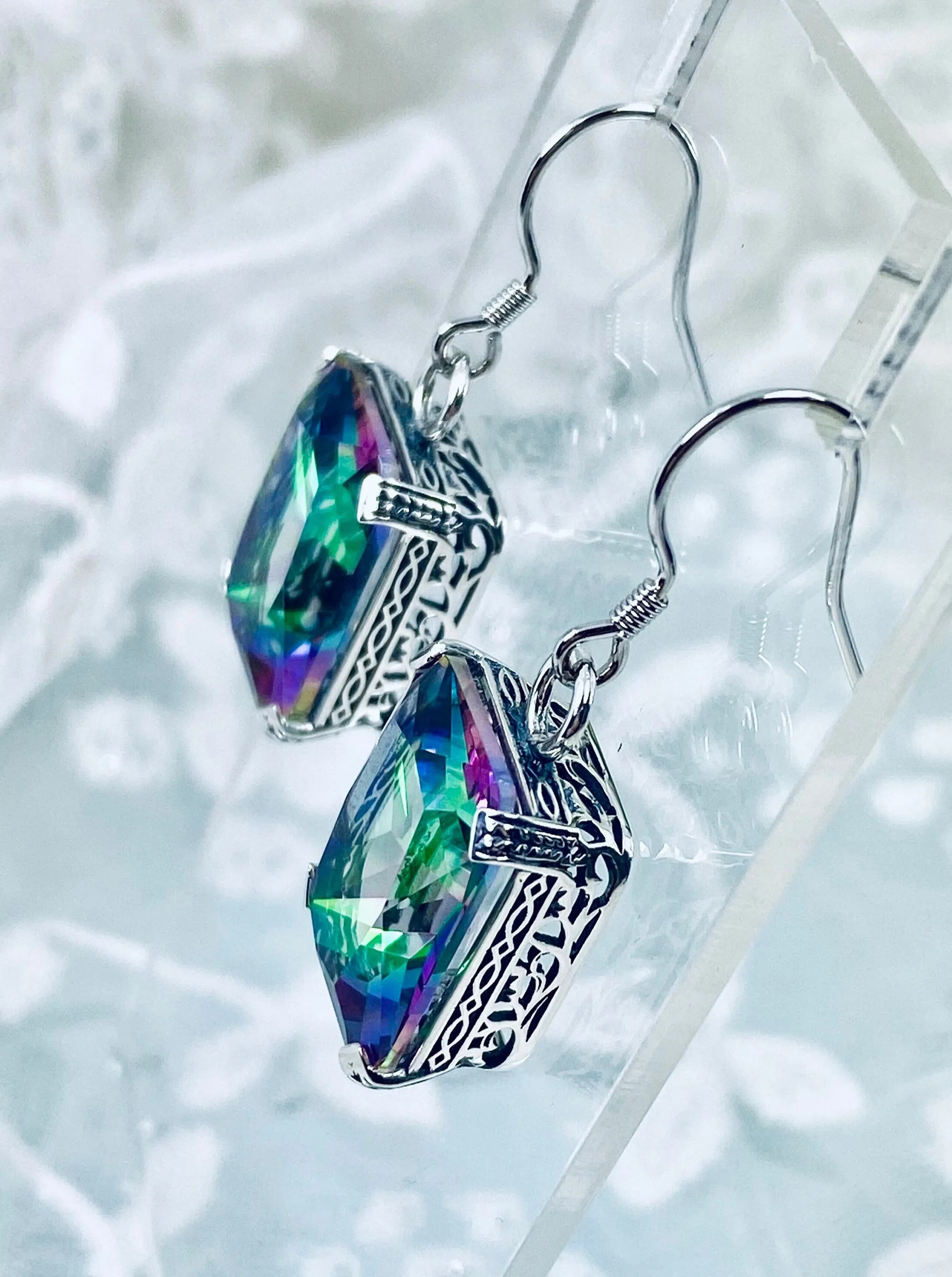 Mystic Topaz Earrings, Art Deco Silver Etched Filigree Jewelry, #E5