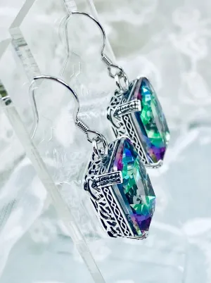 Mystic Topaz Earrings, Art Deco Silver Etched Filigree Jewelry, #E5