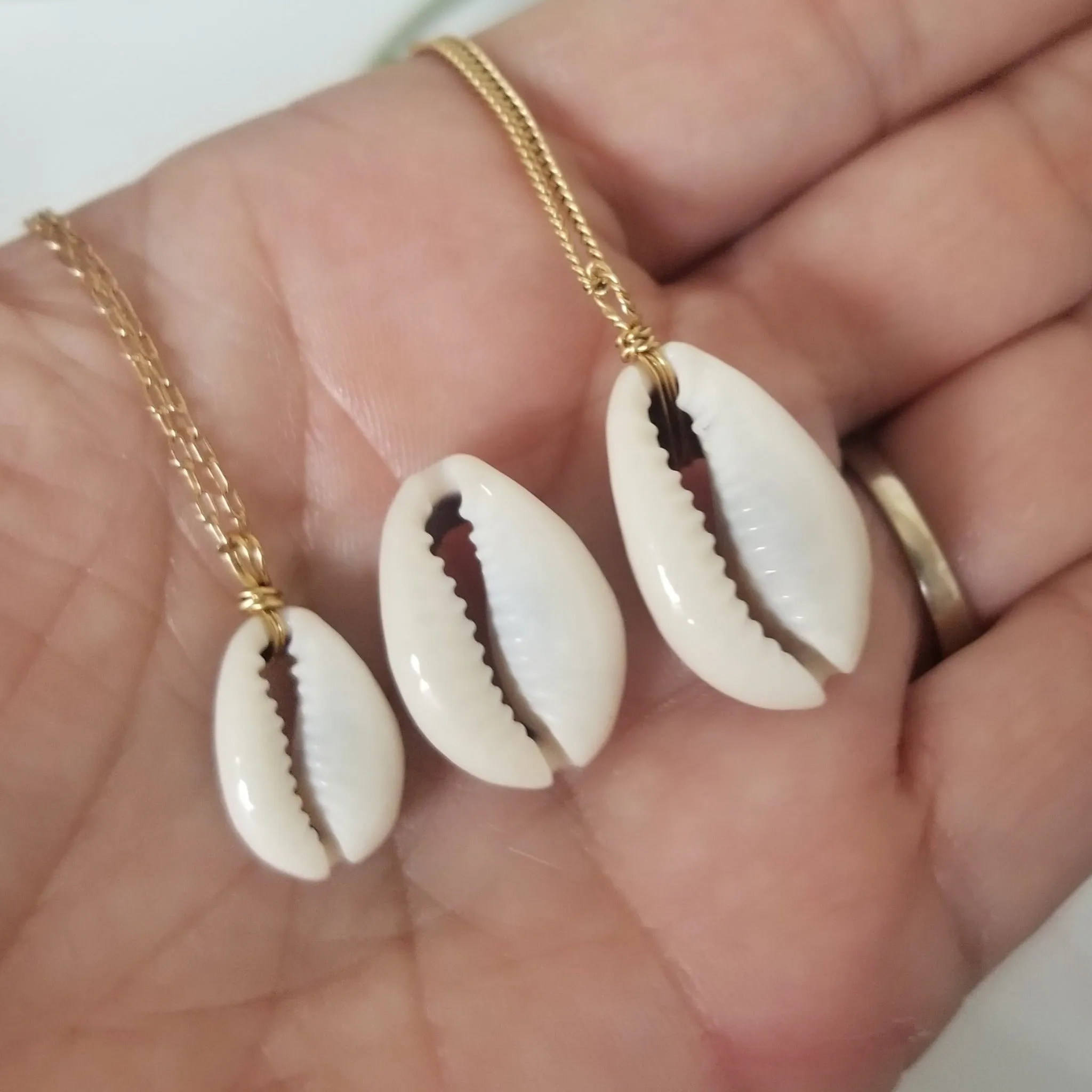 Natural Cowrie Shell and Dot Necklace - Small, Med, or Large - Sterling or Gold