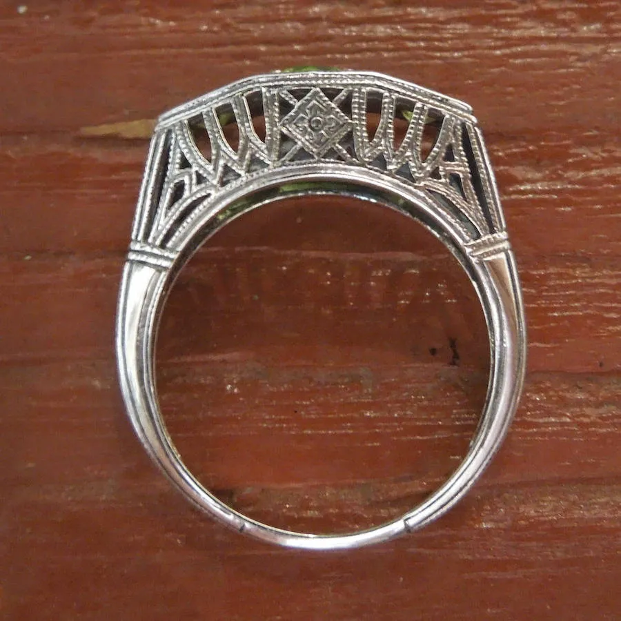 Natural  Peridot - Three Stone Ring - Art Deco Style - Sterling Silver