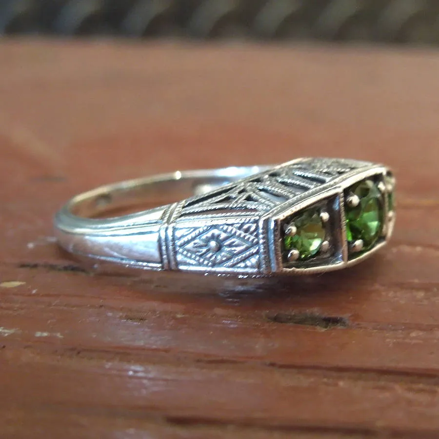 Natural  Peridot - Three Stone Ring - Art Deco Style - Sterling Silver