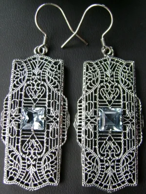 Natural Sky Blue Topaz Earrings, Sterling Silver Art Deco 1920's Jewelry #E26