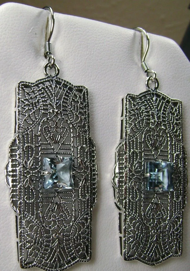 Natural Sky Blue Topaz Earrings, Sterling Silver Art Deco 1920's Jewelry #E26