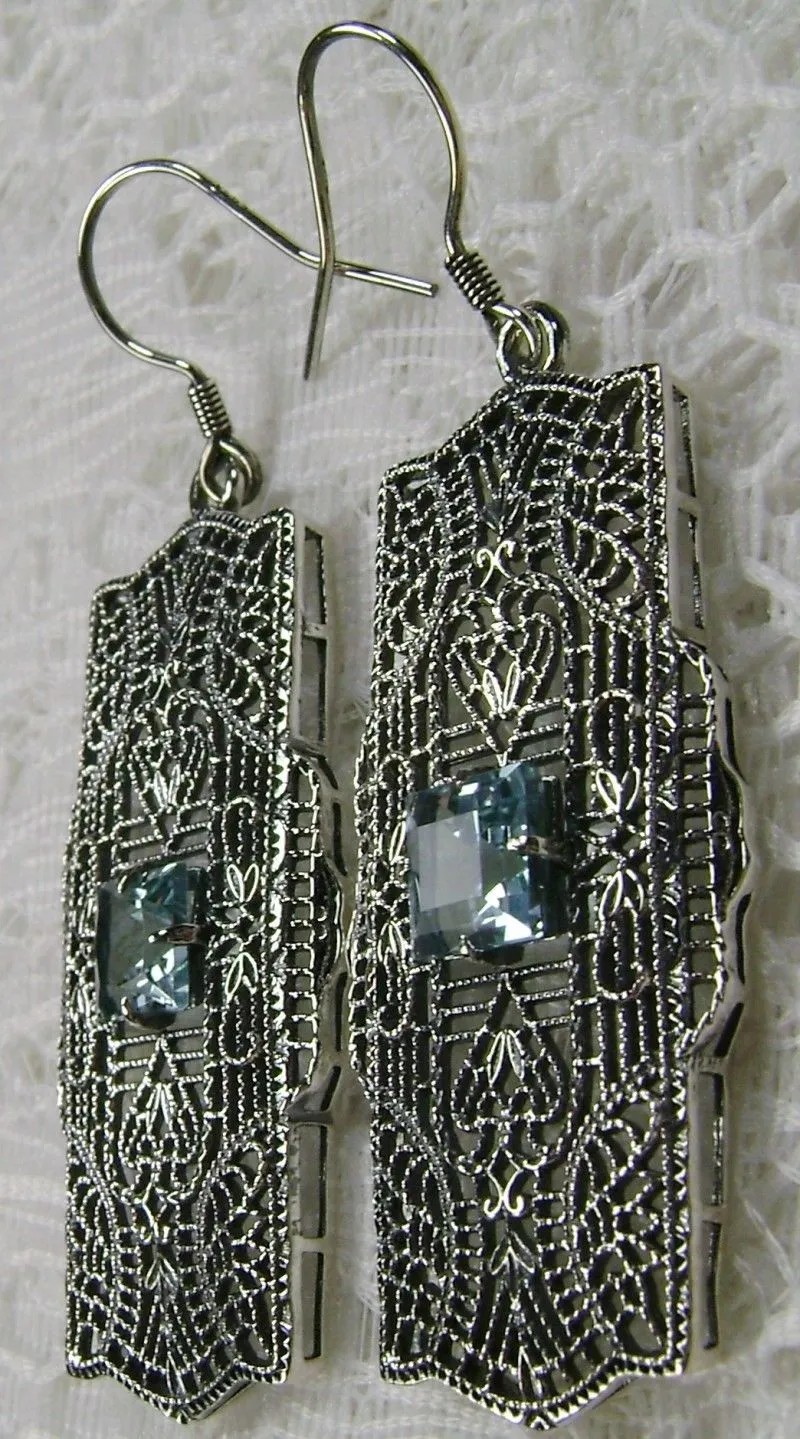 Natural Sky Blue Topaz Earrings, Sterling Silver Art Deco 1920's Jewelry #E26