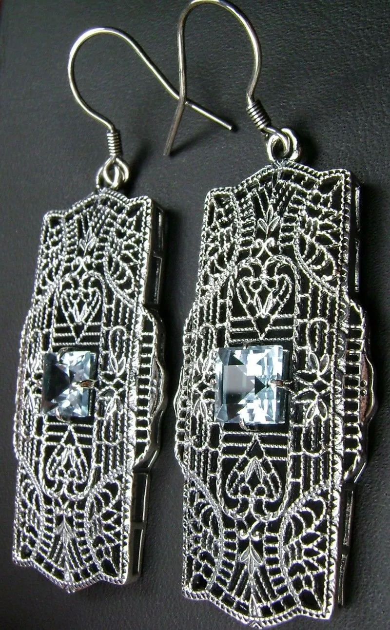 Natural Sky Blue Topaz Earrings, Sterling Silver Art Deco 1920's Jewelry #E26