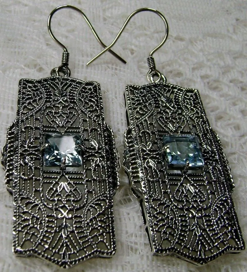 Natural Sky Blue Topaz Earrings, Sterling Silver Art Deco 1920's Jewelry #E26