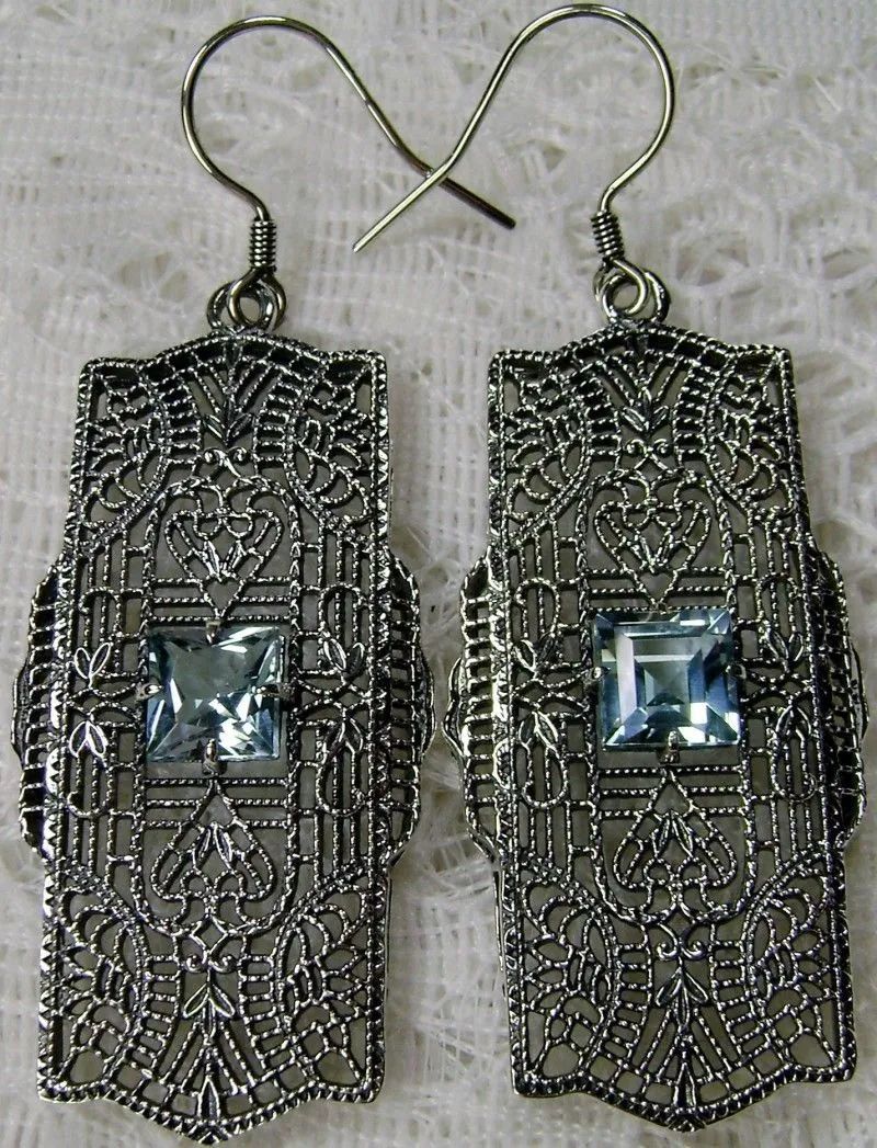 Natural Sky Blue Topaz Earrings, Sterling Silver Art Deco 1920's Jewelry #E26