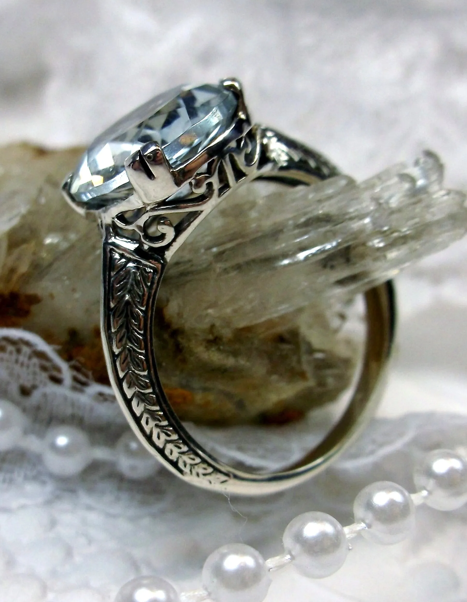Natural White Topaz Ring, Button Ring, Art Deco 1930's Style Jewelry, #D12