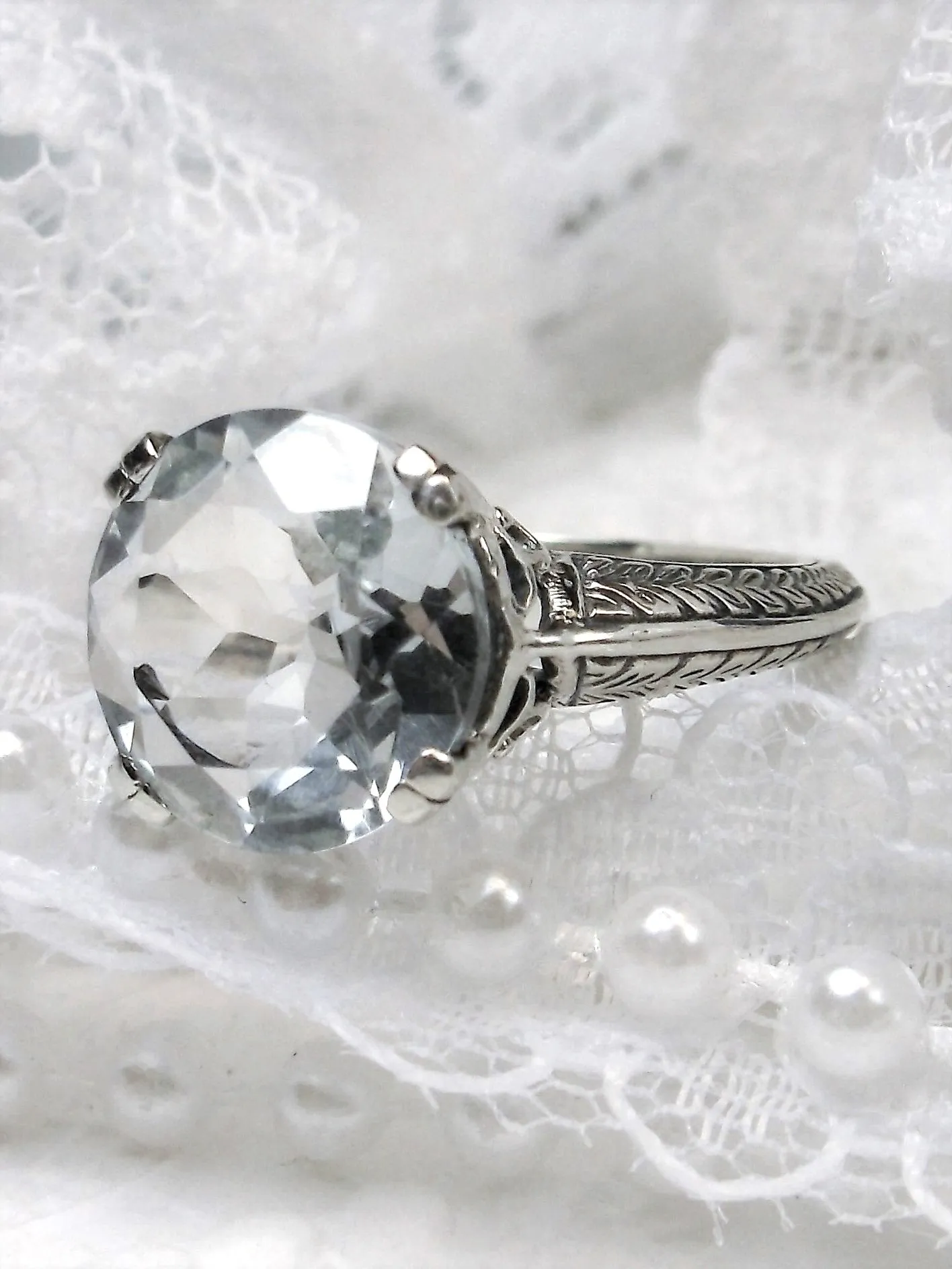 Natural White Topaz Ring, Button Ring, Art Deco 1930's Style Jewelry, #D12