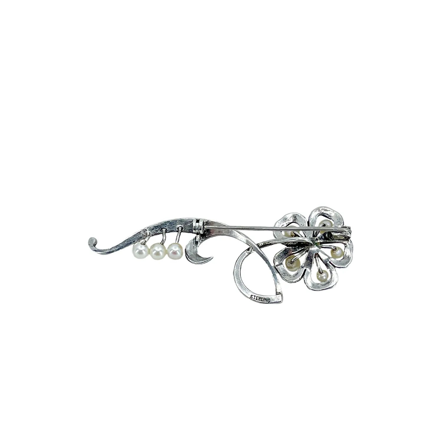 Nouveau Sakura Cherry Blossom Japanese Saltwater Akoya Cultured Pearl Vintage Brooch- Sterling Silver