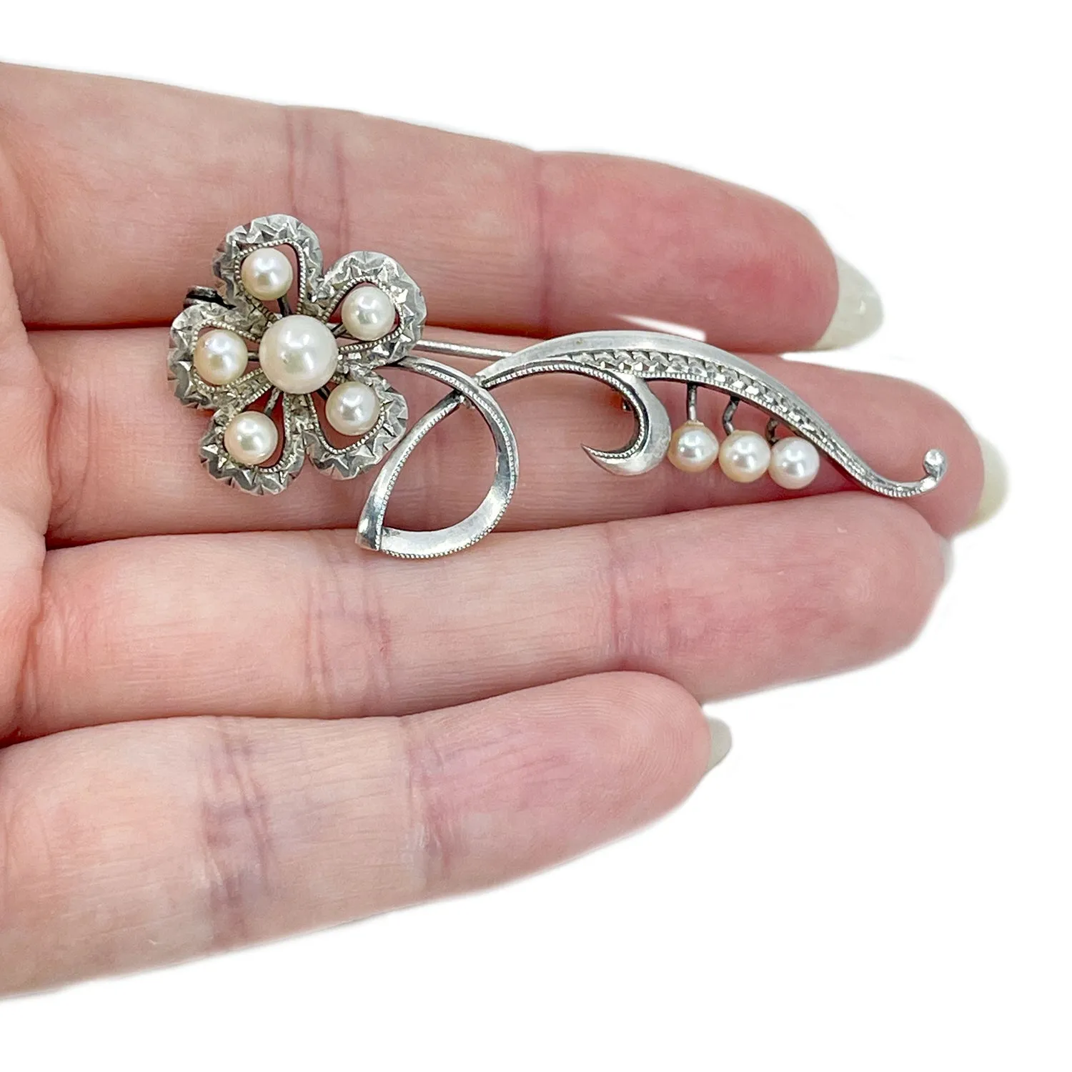 Nouveau Sakura Cherry Blossom Japanese Saltwater Akoya Cultured Pearl Vintage Brooch- Sterling Silver