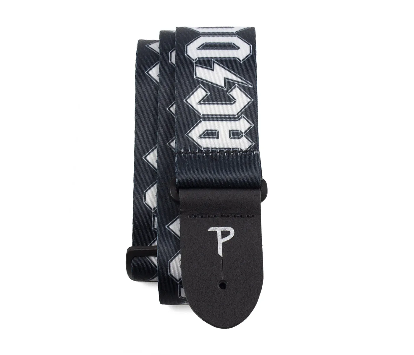 OFFICIAL LICENSING AC/DC WHITE LOGO ON BLACK POLYESTER GUITAR STRAP.