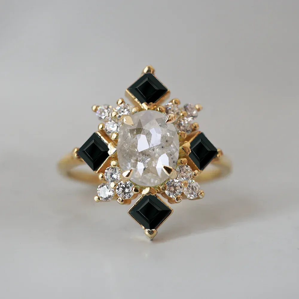One Of A Kind: Illuminati Salt & Pepper Diamond Black Onyx Ring in 14K and 18K Gold