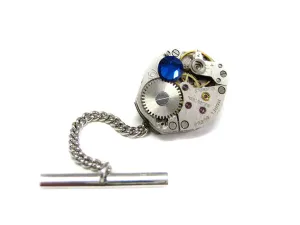 Oval Watch Gear Steampunk Tie Tack with Blue Swarovski Crystals
