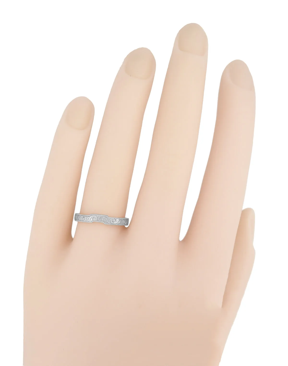 Platinum Art Deco Contoured Scrolls Engraved Wedding Band