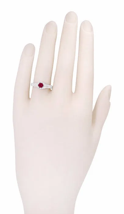 Platinum Art Deco Hexagon Filigree Engraved Ruby Engagement Ring with Side Diamonds