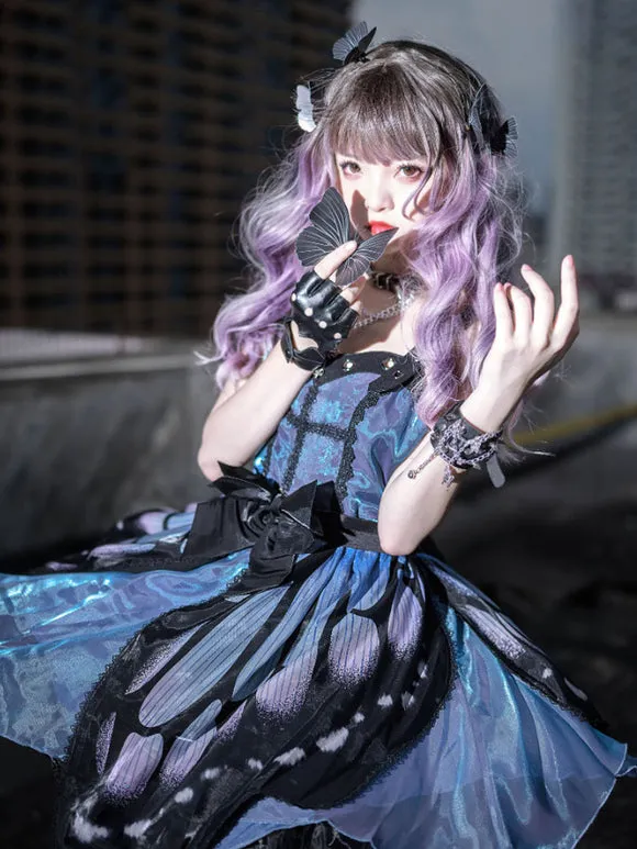 Punk Gothic Lolita JSK Dress Butterfly Sleeveless Bows Blue Lolita Jumper Skirt