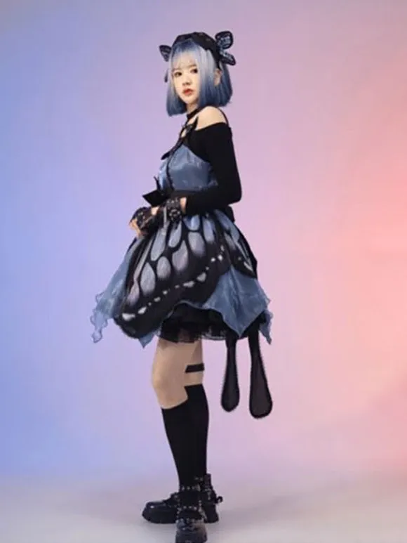 Punk Gothic Lolita JSK Dress Butterfly Sleeveless Bows Blue Lolita Jumper Skirt