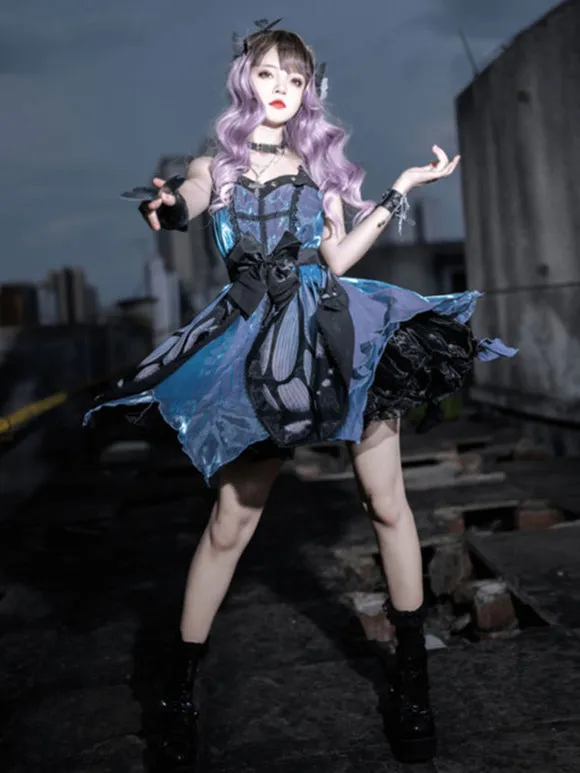 Punk Gothic Lolita JSK Dress Butterfly Sleeveless Bows Blue Lolita Jumper Skirt