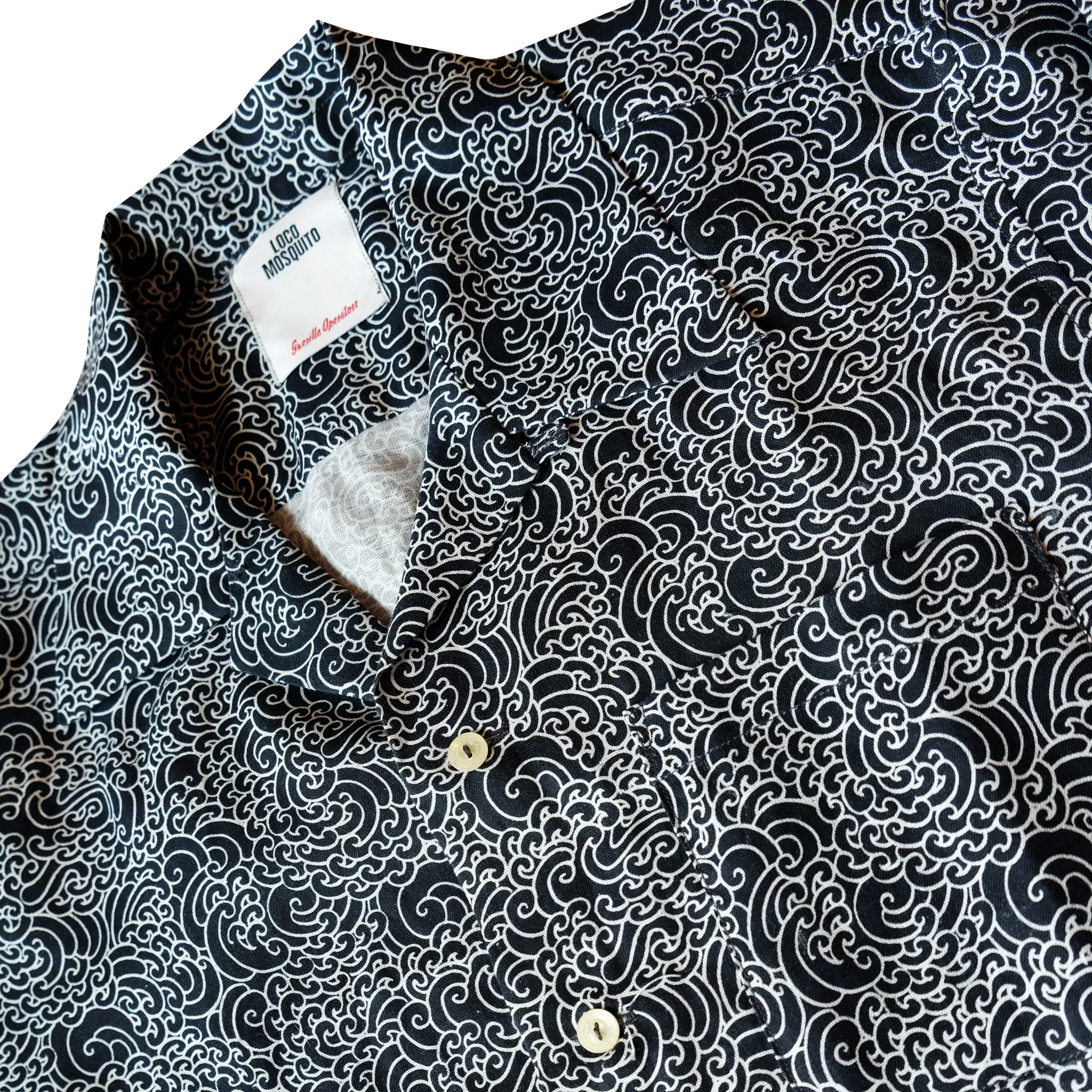"GUY LE TATOOER X LOCO MOSQUITO" ALLOVER BLACK WAVES HAWAIIAN SHIRT