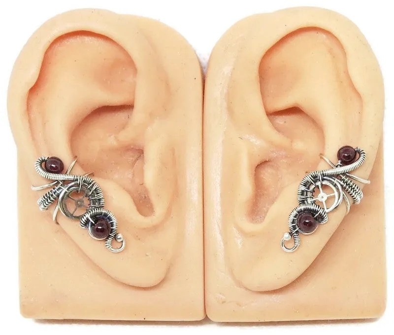 "Rolling Wave" Sterling Silver Steampunk Ear Cuff with Custom Gemstone