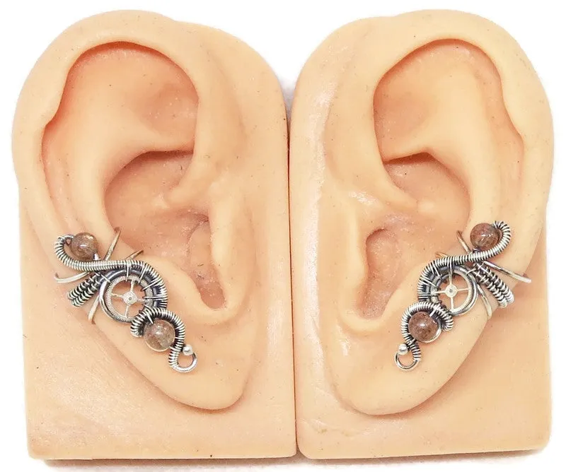 "Rolling Wave" Sterling Silver Steampunk Ear Cuff with Custom Gemstone