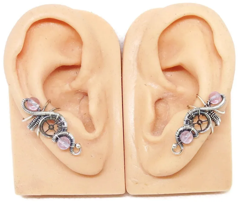 "Rolling Wave" Sterling Silver Steampunk Ear Cuff with Custom Gemstone