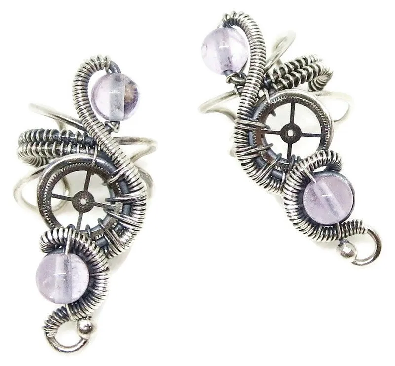 "Rolling Wave" Sterling Silver Steampunk Ear Cuff with Custom Gemstone