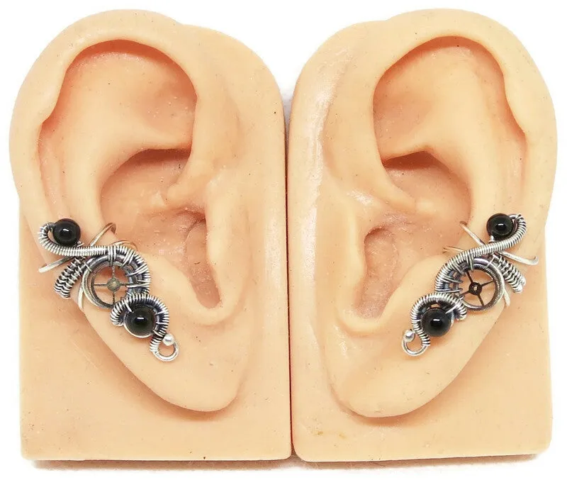 "Rolling Wave" Sterling Silver Steampunk Ear Cuff with Custom Gemstone