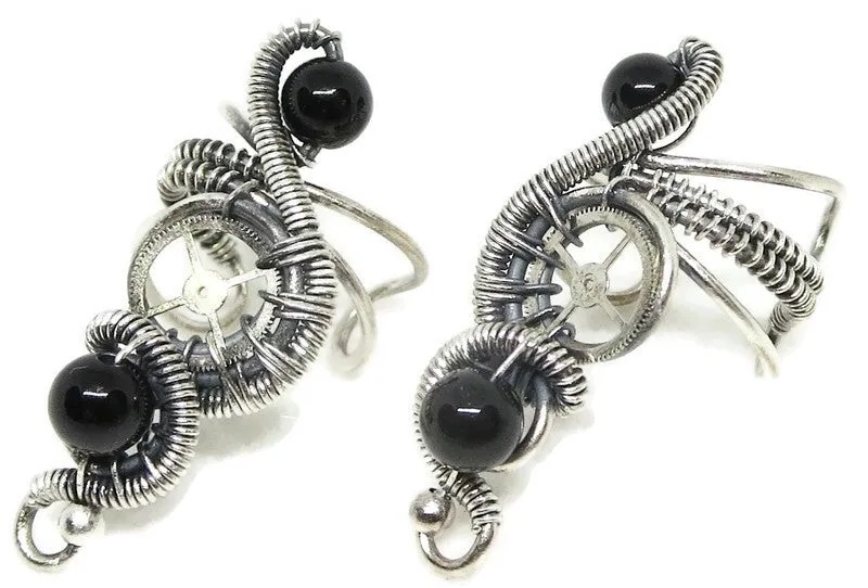 "Rolling Wave" Sterling Silver Steampunk Ear Cuff with Custom Gemstone