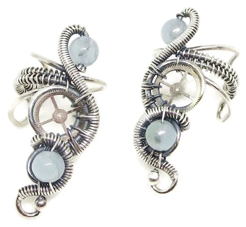 "Rolling Wave" Sterling Silver Steampunk Ear Cuff with Custom Gemstone
