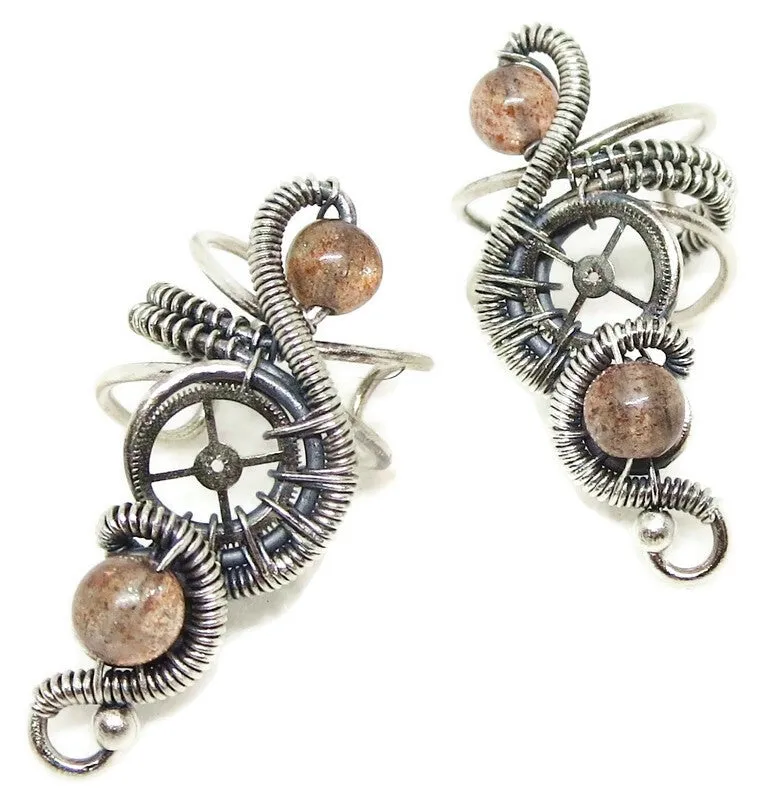"Rolling Wave" Sterling Silver Steampunk Ear Cuff with Custom Gemstone