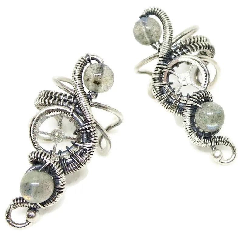 "Rolling Wave" Sterling Silver Steampunk Ear Cuff with Custom Gemstone