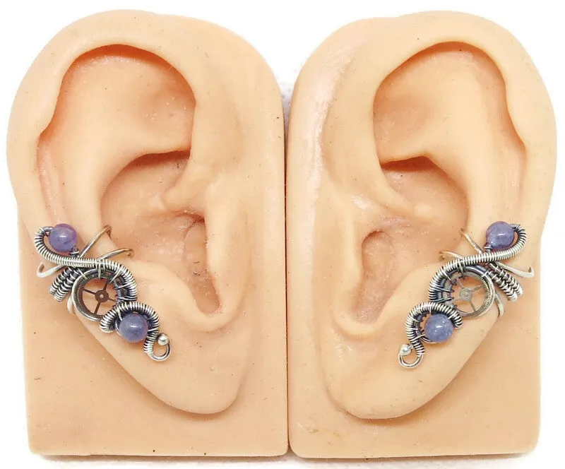 "Rolling Wave" Sterling Silver Steampunk Ear Cuff with Custom Gemstone