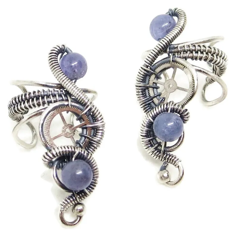 "Rolling Wave" Sterling Silver Steampunk Ear Cuff with Custom Gemstone