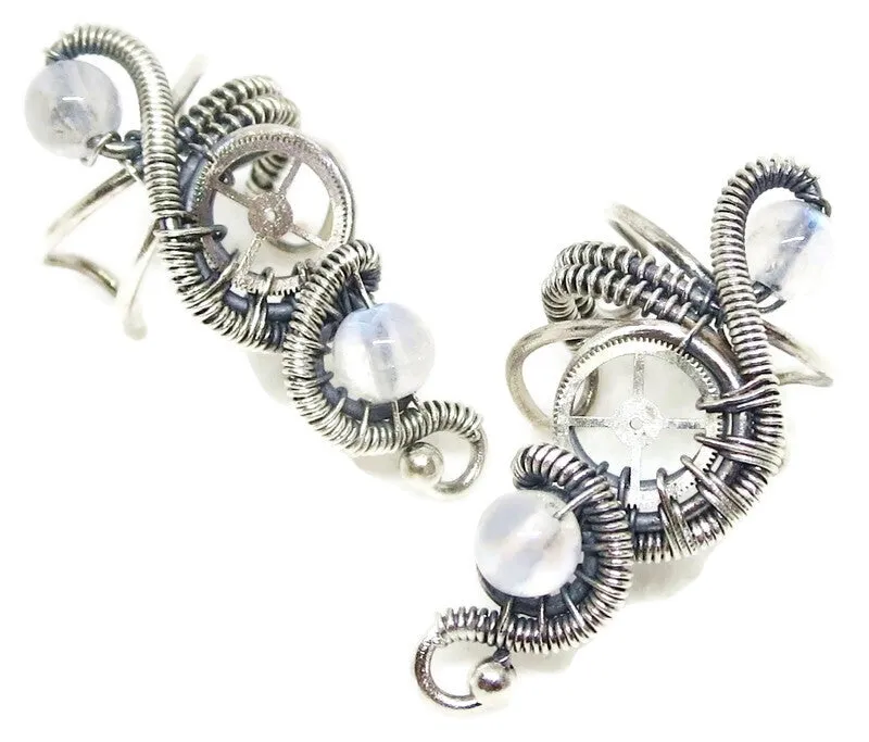 "Rolling Wave" Sterling Silver Steampunk Ear Cuff with Custom Gemstone