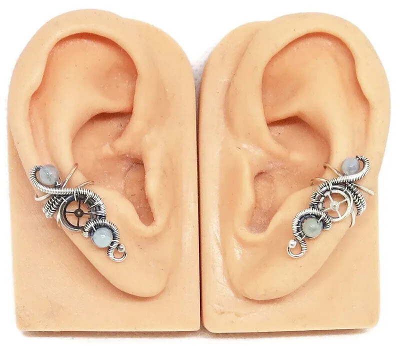 "Rolling Wave" Sterling Silver Steampunk Ear Cuff with Custom Gemstone